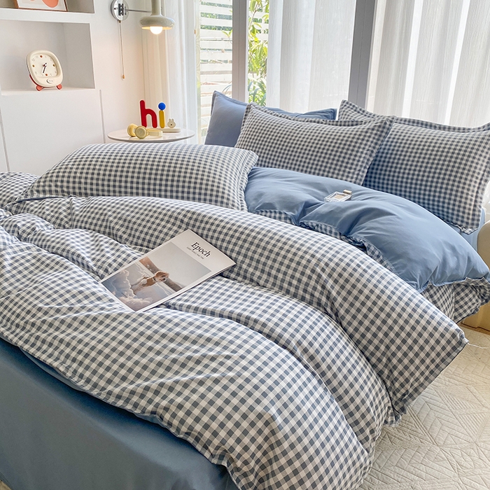 91家纺网 家纺一手货源 找家纺 南通菲度家纺 2025新款高克重芦荟棉四件套-大床第三批 小蓝格-雾蓝