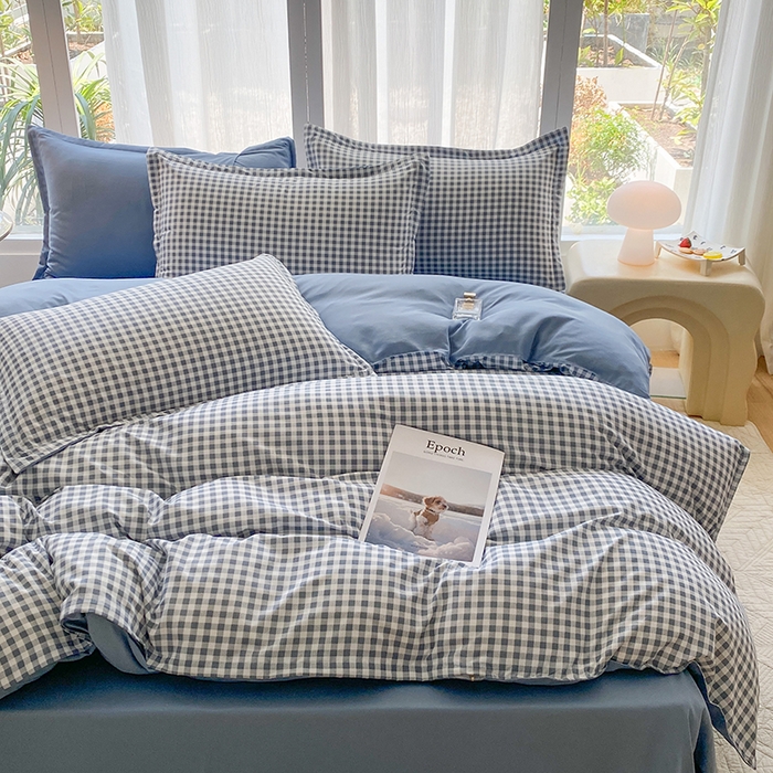 91家纺网 家纺一手货源 找家纺 南通菲度家纺 2025新款高克重芦荟棉四件套-大床第三批 小蓝格-雾蓝