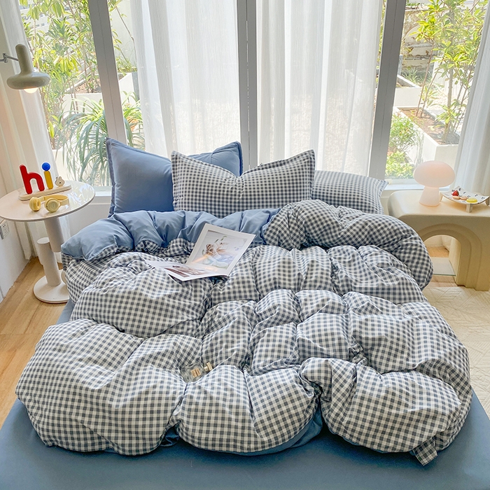 91家纺网 家纺一手货源 找家纺 南通菲度家纺 2025新款高克重芦荟棉四件套-大床第三批 小蓝格-雾蓝