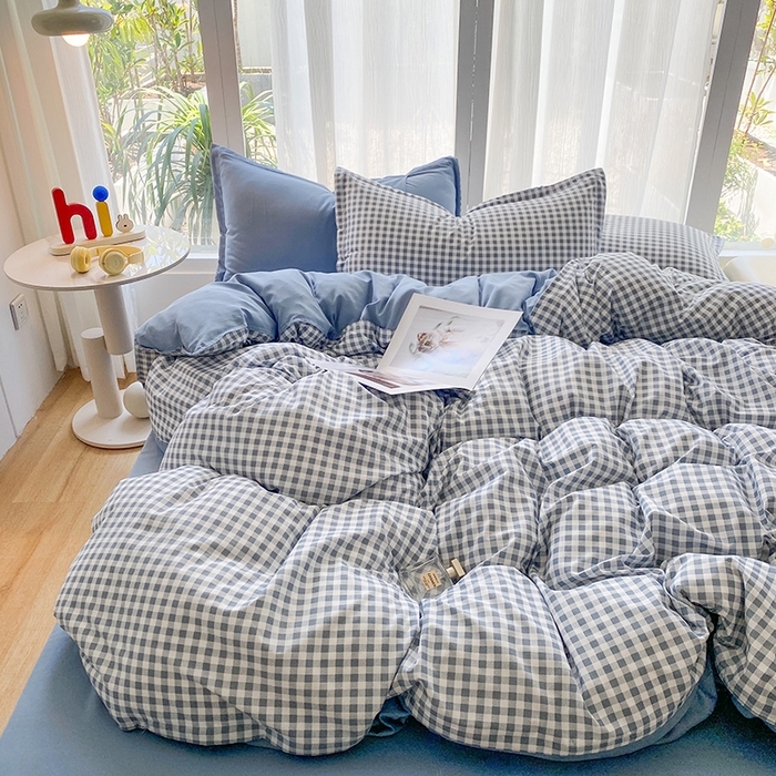 91家纺网 家纺一手货源 找家纺 南通菲度家纺 2025新款高克重芦荟棉四件套-大床第三批 小蓝格-雾蓝