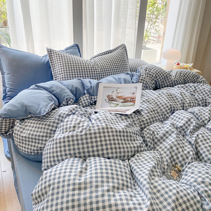 91家纺网 家纺一手货源 找家纺 南通菲度家纺 2025新款高克重芦荟棉四件套-大床第三批 小蓝格-雾蓝