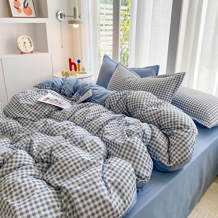 91家纺网 家纺一手货源 找家纺 南通菲度家纺 2025新款高克重芦荟棉四件套-大床第三批 小蓝格-雾蓝