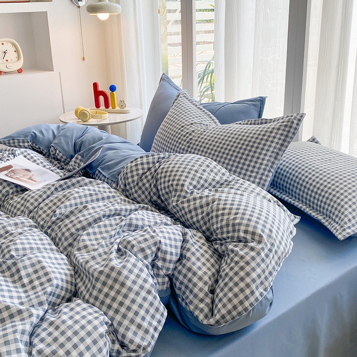 91家纺网 家纺一手货源 找家纺 南通菲度家纺 2025新款高克重芦荟棉四件套-大床第三批 小蓝格-雾蓝