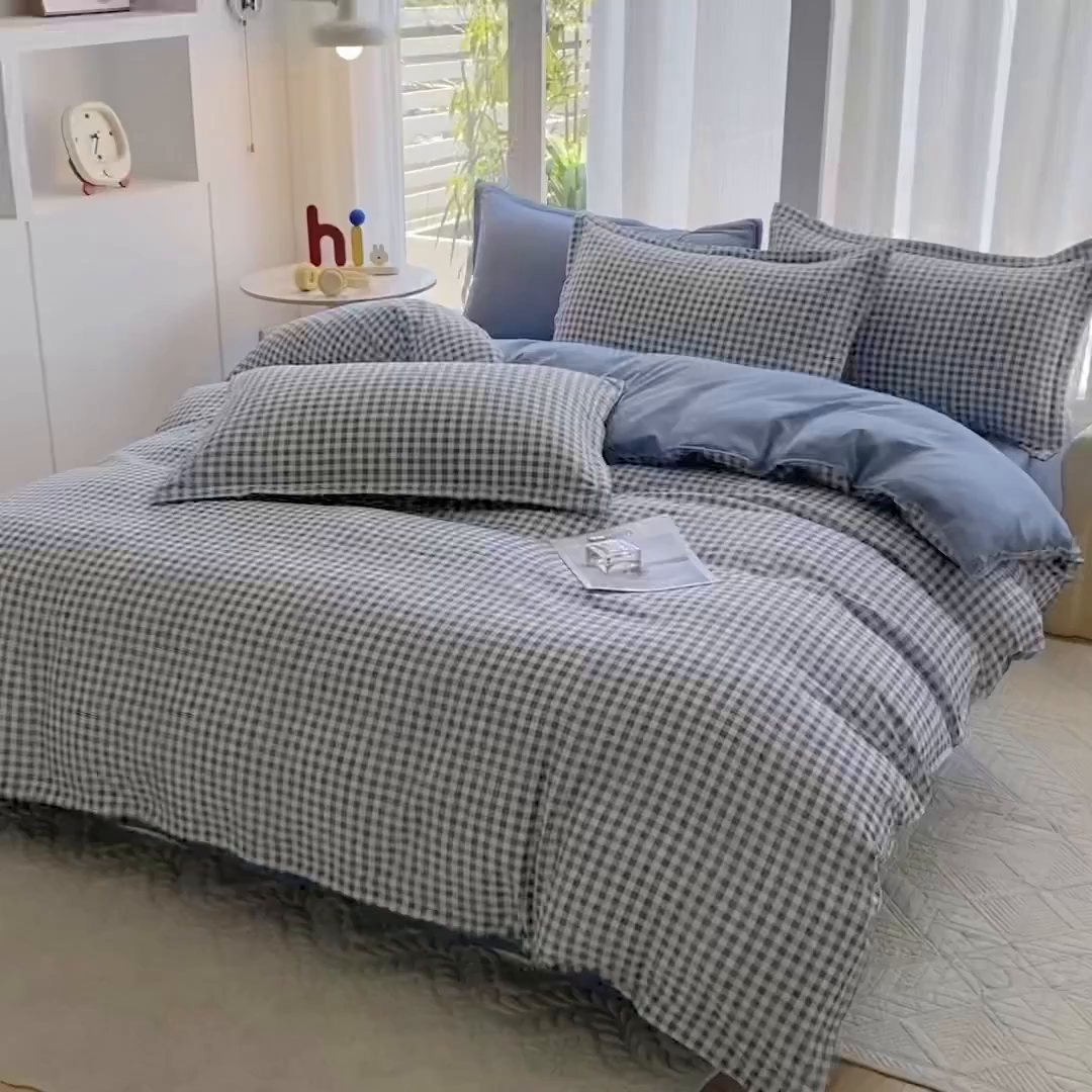 91家纺网 家纺一手货源 找家纺 南通菲度家纺 2025新款高克重芦荟棉四件套-大床第三批 小蓝格-雾蓝