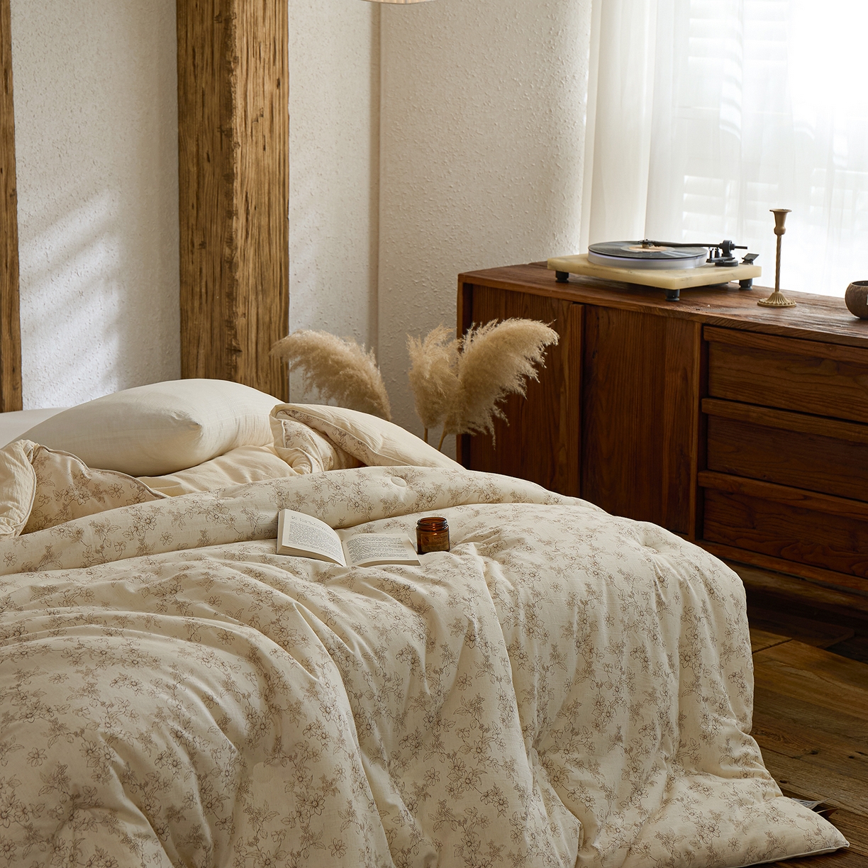 91家纺网 家纺一手货源 找家纺 禧禾 2025新款A类诧寂风棉麻大豆色织提花数码印花春秋冬被被子被芯 初循-印花