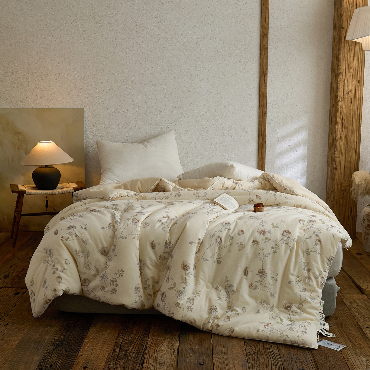 91家纺网 家纺一手货源 找家纺 禧禾 2025新款A类诧寂风棉麻大豆色织提花数码印花春秋冬被被子被芯 桃玺-印花