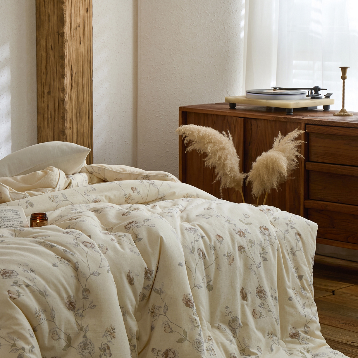 91家纺网 家纺一手货源 找家纺 禧禾 2025新款A类诧寂风棉麻大豆色织提花数码印花春秋冬被被子被芯 桃玺-印花