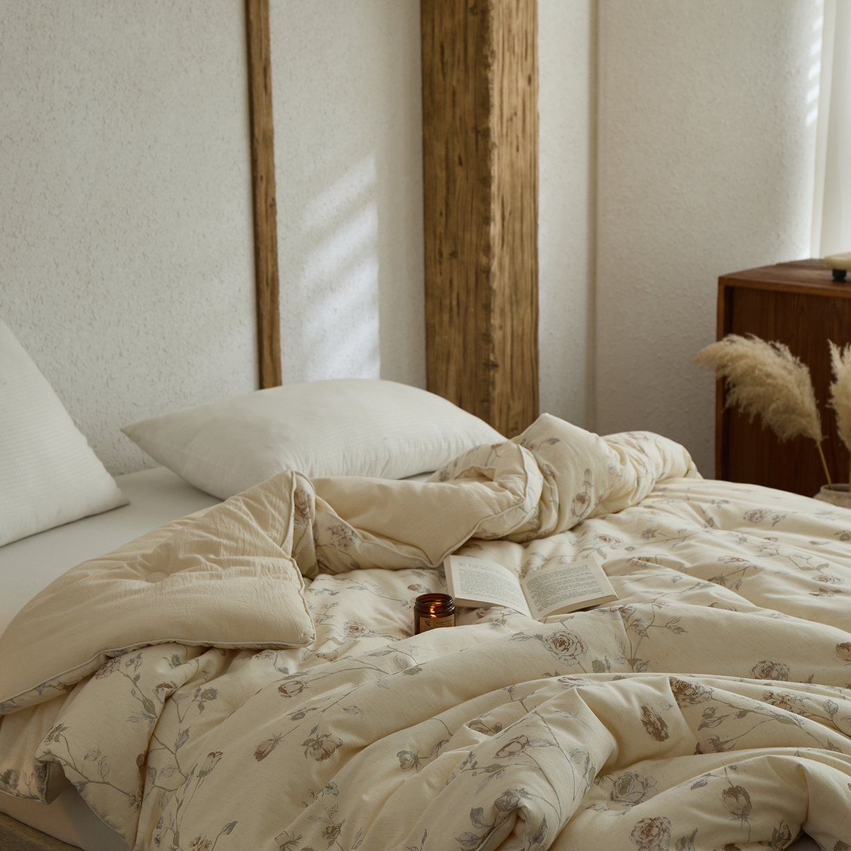 91家纺网 家纺一手货源 找家纺 禧禾 2025新款A类诧寂风棉麻大豆色织提花数码印花春秋冬被被子被芯 桃玺-印花