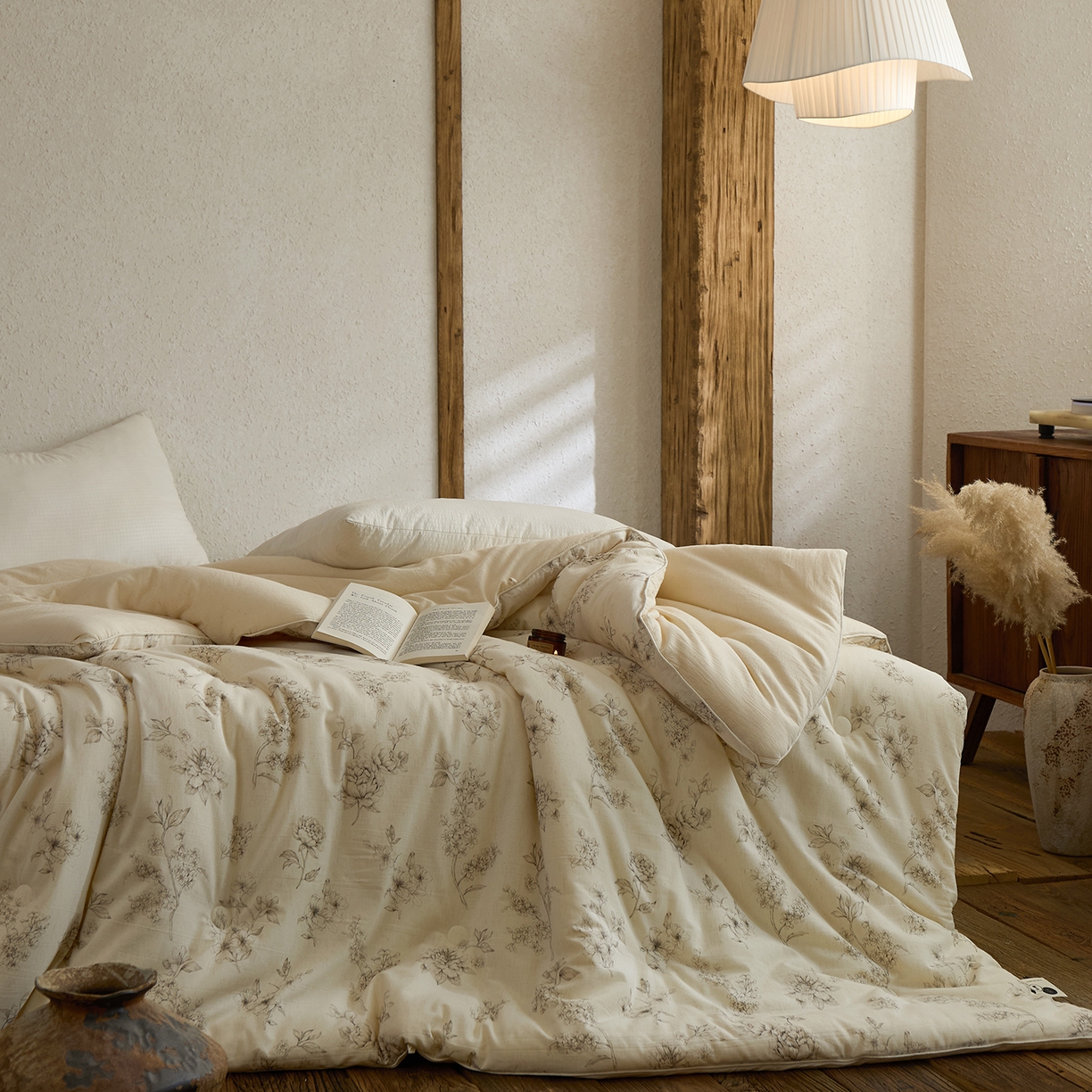 91家纺网 家纺一手货源 找家纺 禧禾 2025新款A类诧寂风棉麻大豆色织提花数码印花春秋冬被被子被芯 云馥-印花