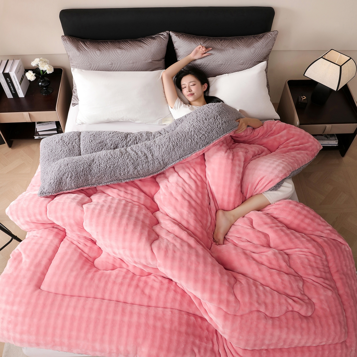 91家纺网 家纺一手货源 找家纺 金灵居 2025新款兔毛绒冬被兔毛被子被芯春秋被 兔兔绒被-豆沙粉