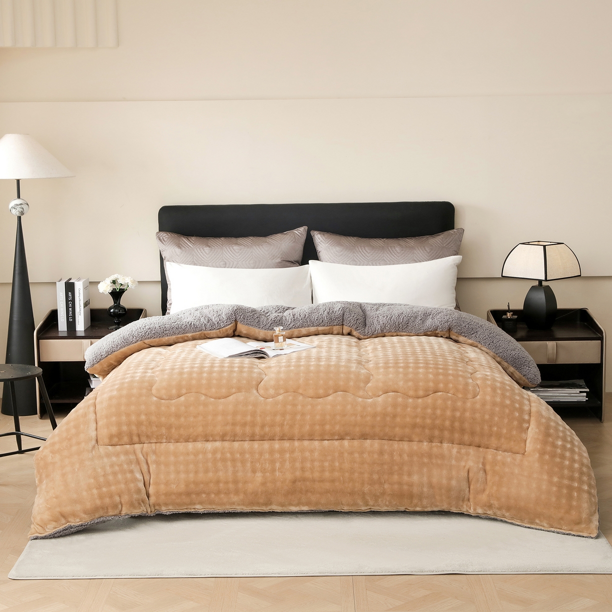 91家纺网 家纺一手货源 找家纺 金灵居 2025新款兔毛绒冬被兔毛被子被芯春秋被 兔兔绒被-卡其