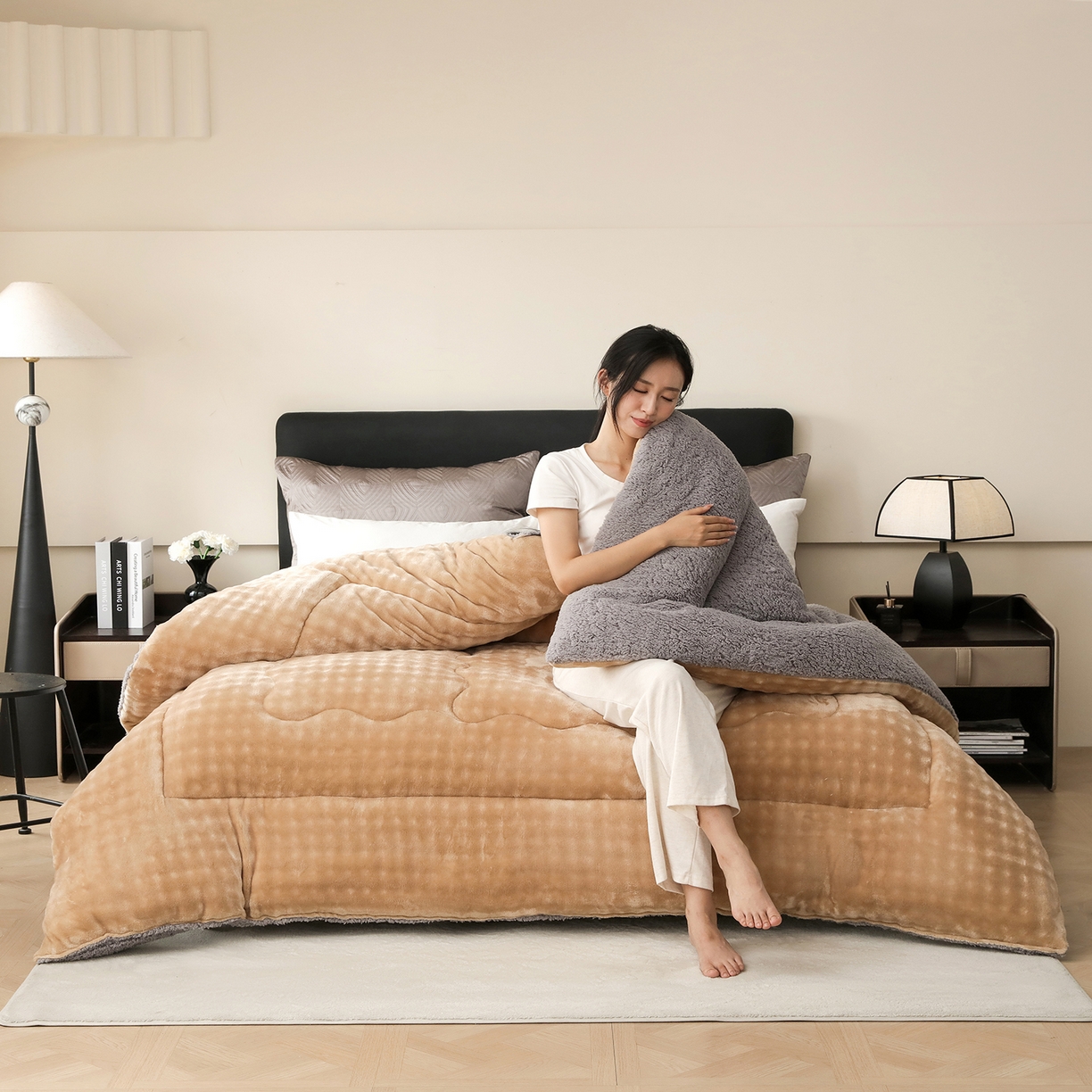 91家纺网 家纺一手货源 找家纺 金灵居 2025新款兔毛绒冬被兔毛被子被芯春秋被 兔兔绒被-卡其