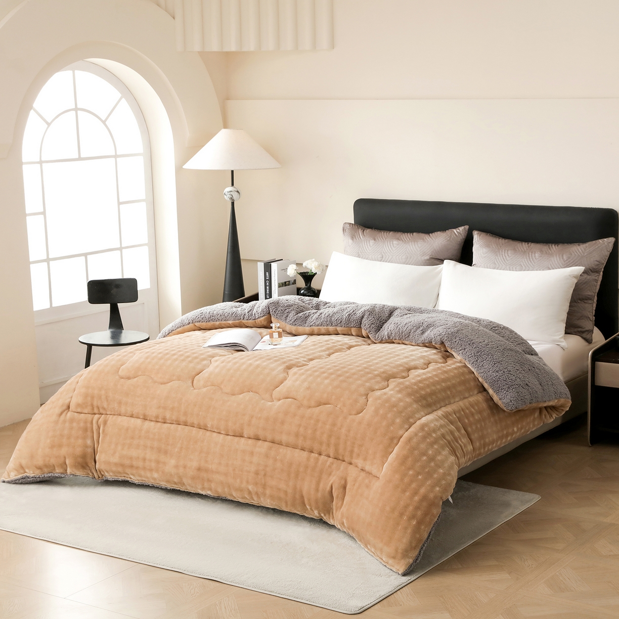 91家纺网 家纺一手货源 找家纺 金灵居 2025新款兔毛绒冬被兔毛被子被芯春秋被 兔兔绒被-卡其