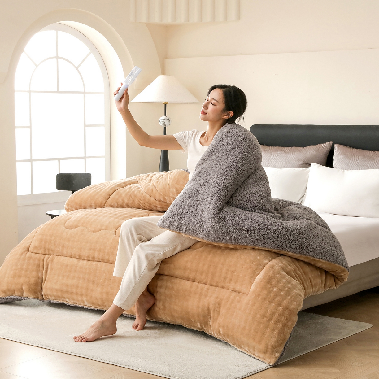 91家纺网 家纺一手货源 找家纺 金灵居 2025新款兔毛绒冬被兔毛被子被芯春秋被 兔兔绒被-卡其