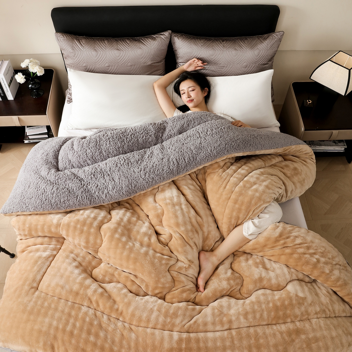 91家纺网 家纺一手货源 找家纺 金灵居 2025新款兔毛绒冬被兔毛被子被芯春秋被 兔兔绒被-卡其