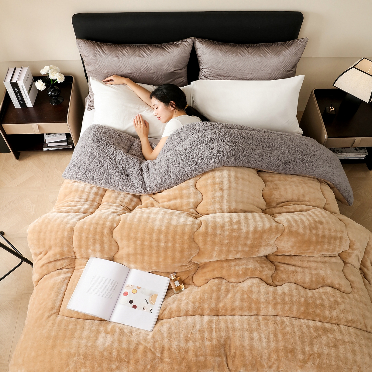 91家纺网 家纺一手货源 找家纺 金灵居 2025新款兔毛绒冬被兔毛被子被芯春秋被 兔兔绒被-卡其