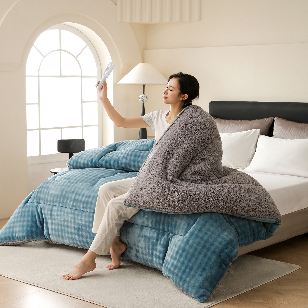 91家纺网 家纺一手货源 找家纺 金灵居 2025新款兔毛绒冬被兔毛被子被芯春秋被 兔兔绒被-蔚蓝