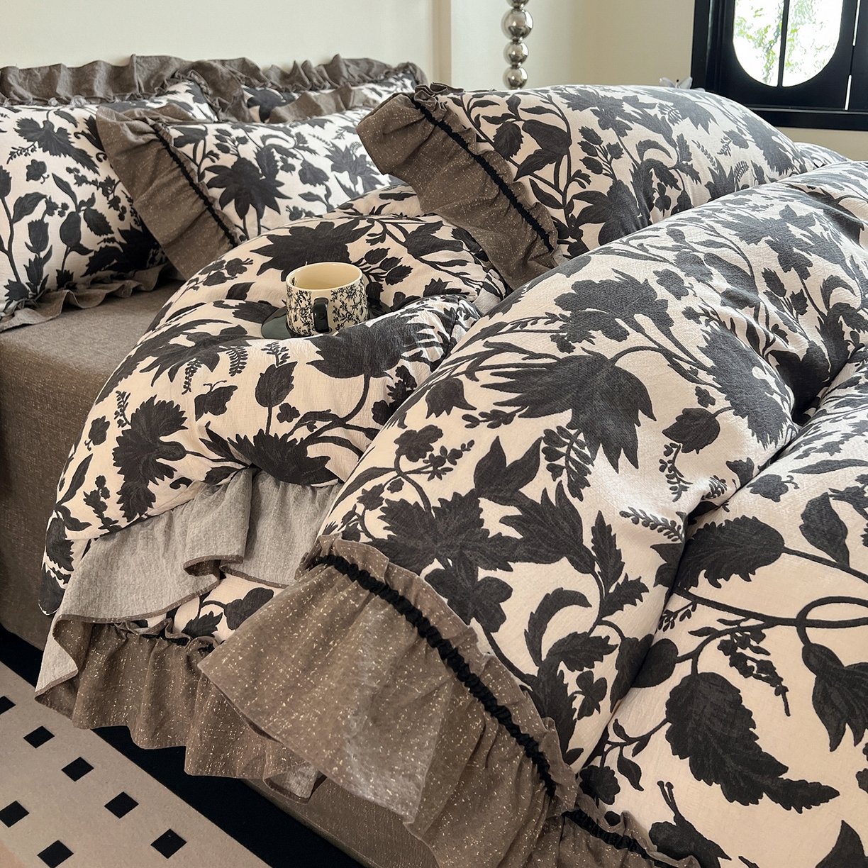 91家纺网 家纺一手货源 找家纺 （总）喜颜 2025新款亚麻爆款花边四件套-直播热款