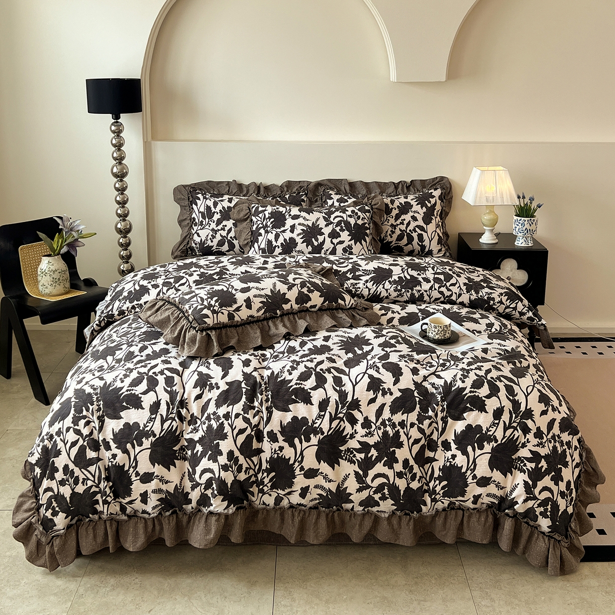 喜颜 2025新款亚麻爆款花边四件套-直播热款 扶桑花-黑