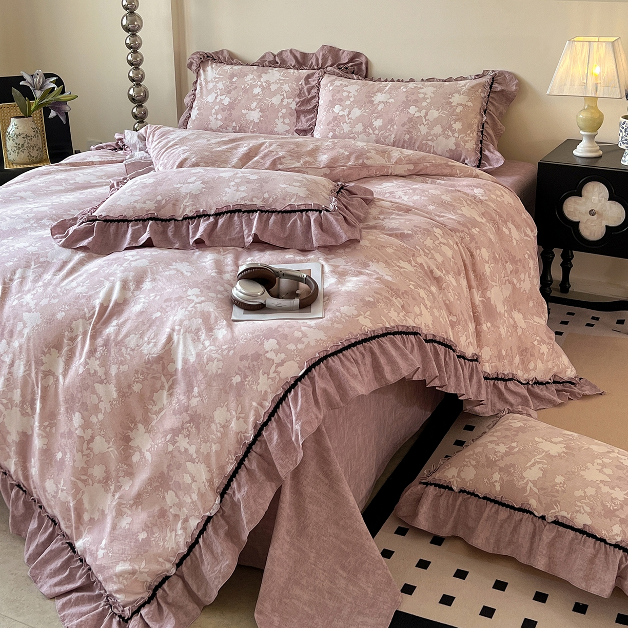 91家纺网 家纺一手货源 找家纺 喜颜 2025新款亚麻爆款花边四件套-直播热款 浮绘花影