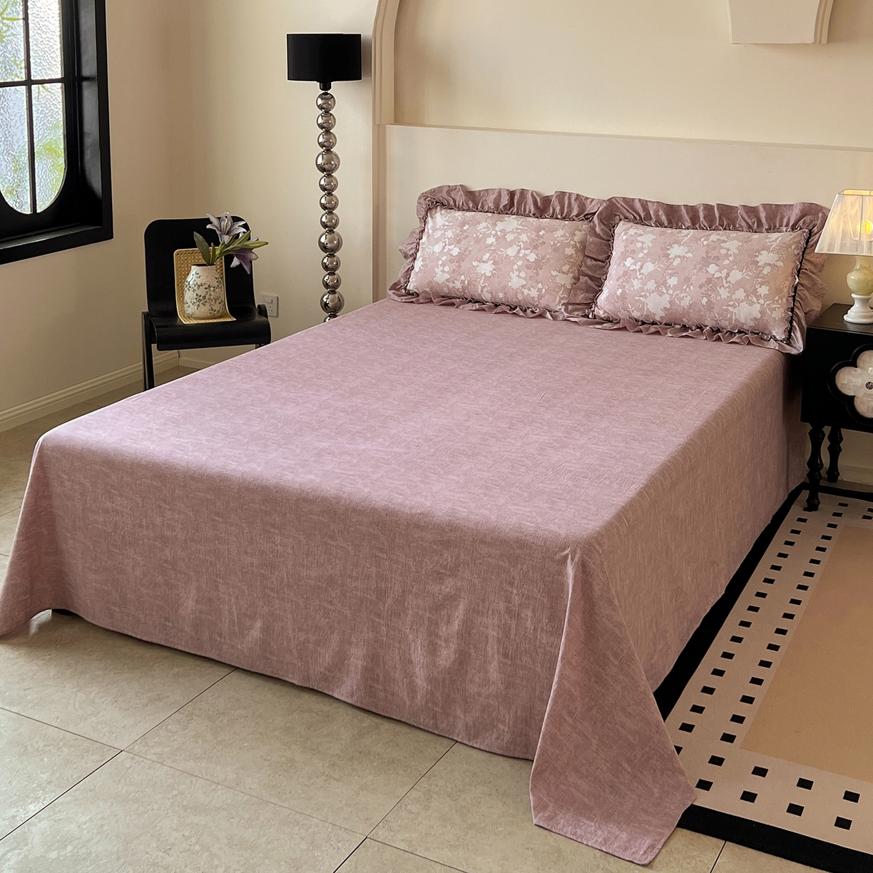 91家纺网 家纺一手货源 找家纺 喜颜 2025新款亚麻爆款花边四件套-直播热款 浮绘花影