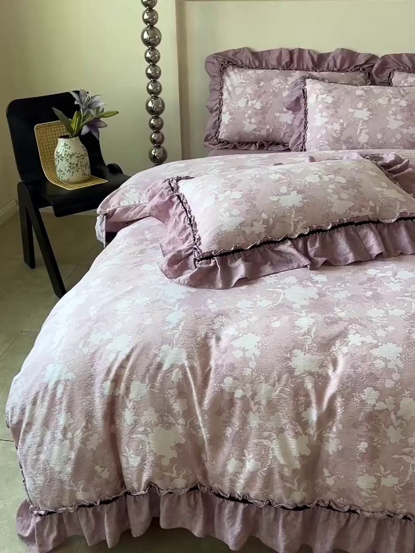 91家纺网 家纺一手货源 找家纺 喜颜 2025新款亚麻爆款花边四件套-直播热款 浮绘花影