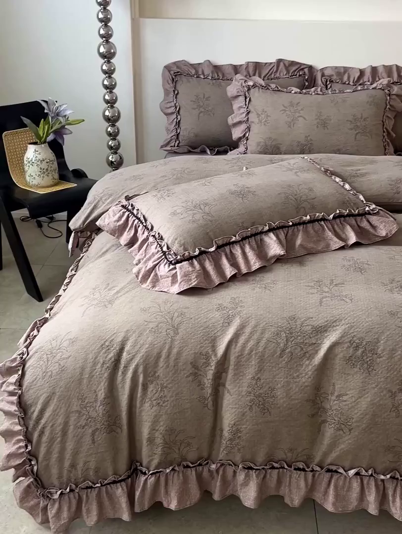 91家纺网 家纺一手货源 找家纺 喜颜 2025新款亚麻爆款花边四件套-直播热款 花田错