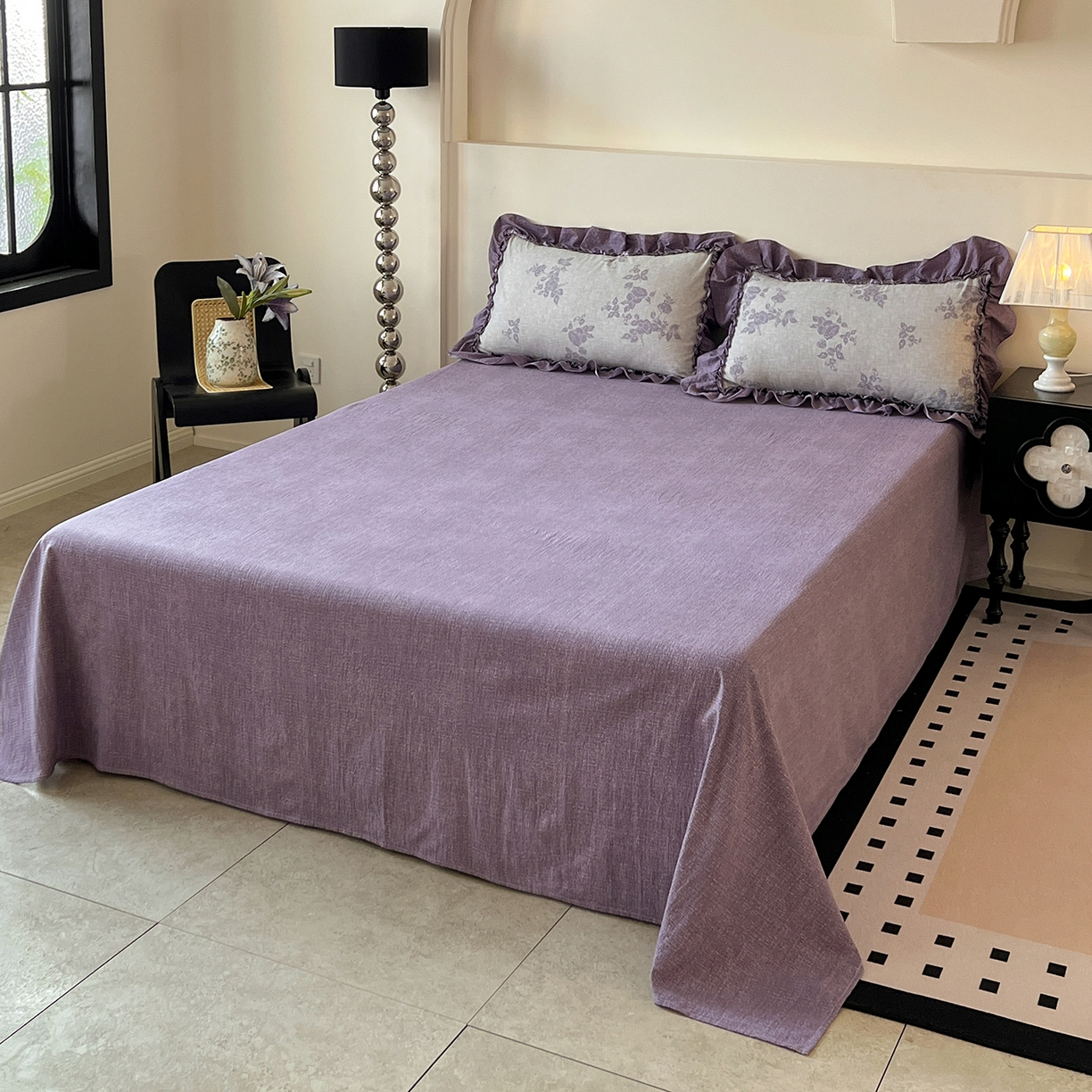 91家纺网 家纺一手货源 找家纺 喜颜 2025新款亚麻爆款花边四件套-直播热款 静谧花园-紫