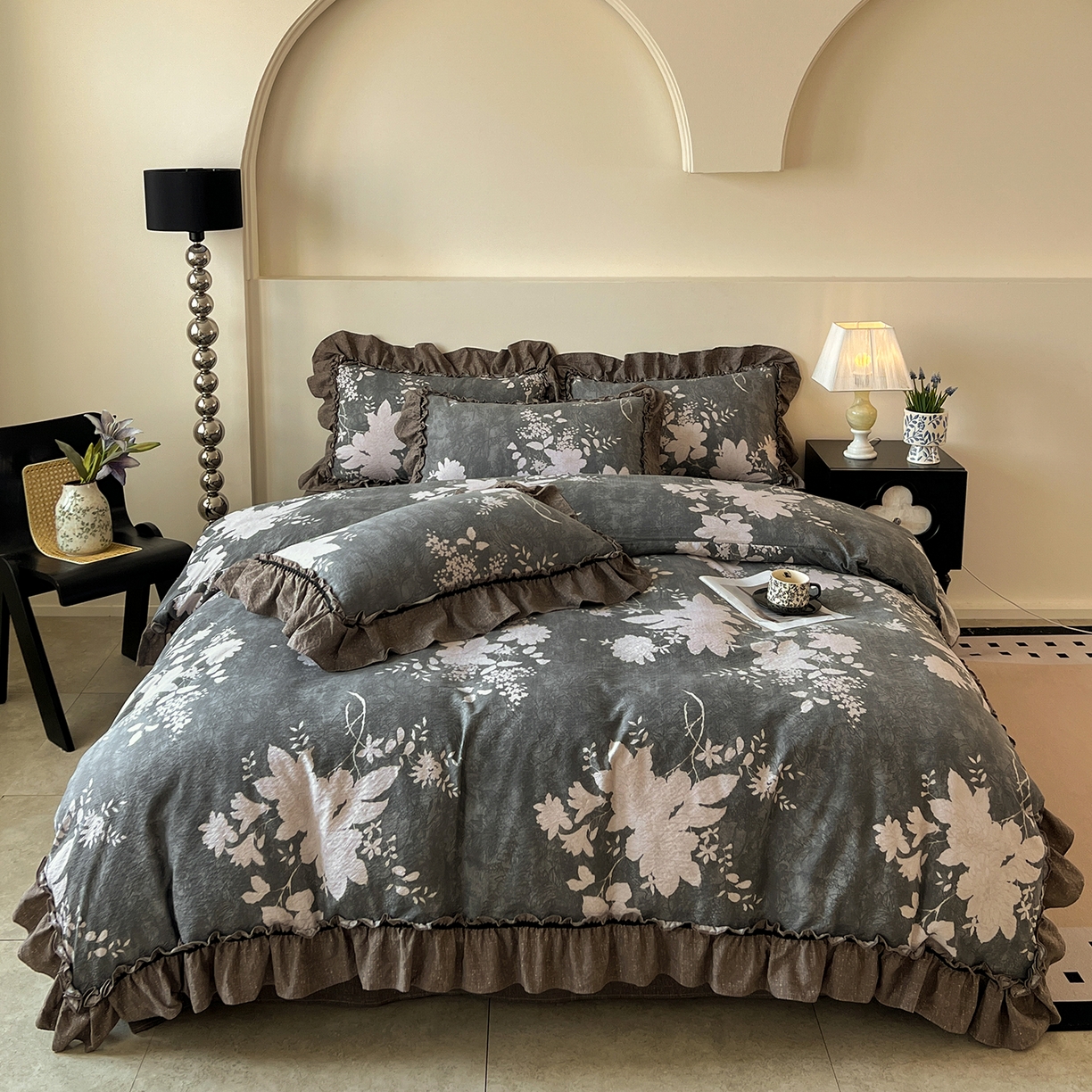 喜颜 2025新款亚麻爆款花边四件套-直播热款 兰亭序-灰