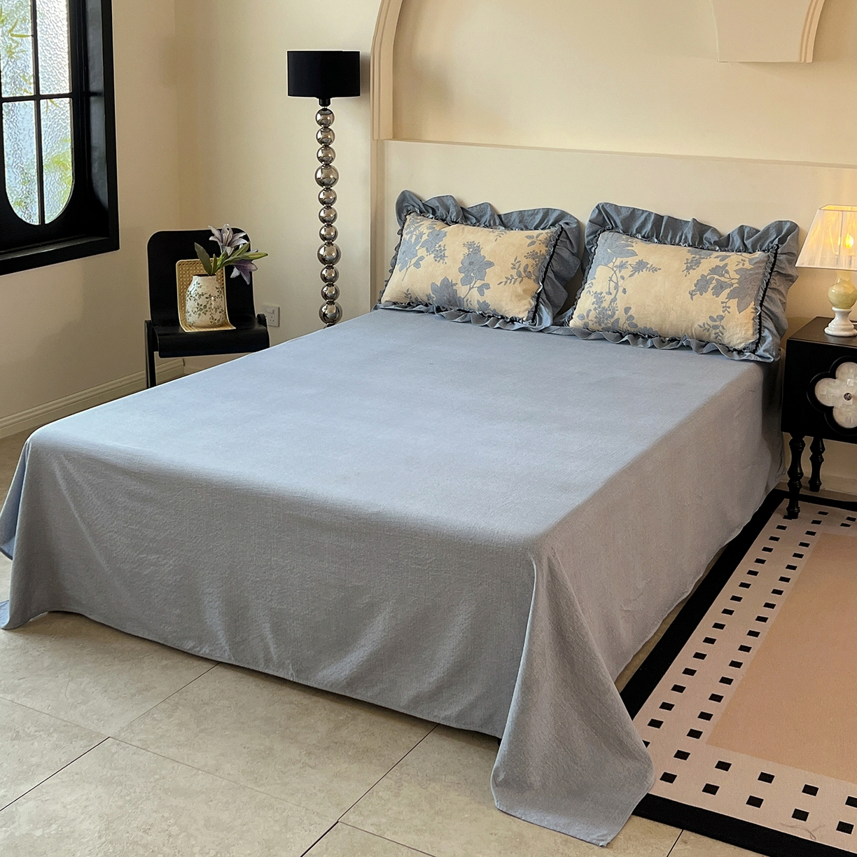 91家纺网 家纺一手货源 找家纺 喜颜 2025新款亚麻爆款花边四件套-直播热款 兰亭序-蓝