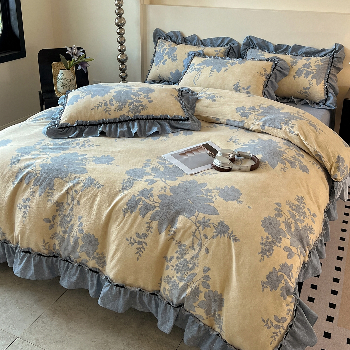 91家纺网 家纺一手货源 找家纺 喜颜 2025新款亚麻爆款花边四件套-直播热款 兰亭序-蓝