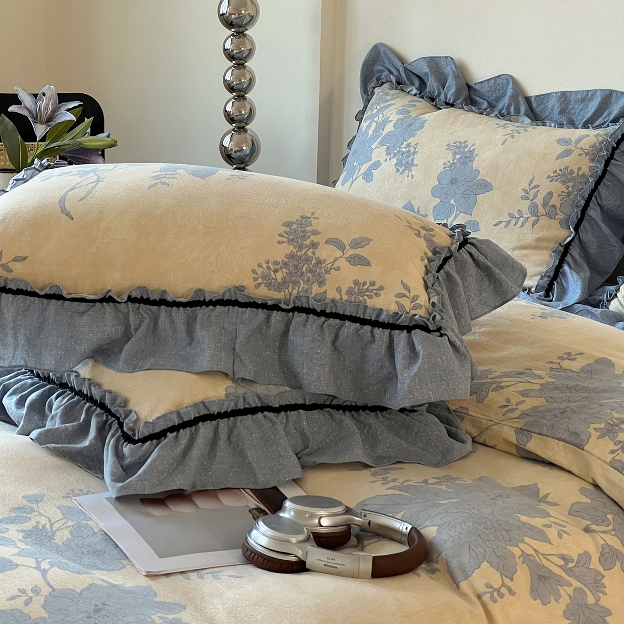 91家纺网 家纺一手货源 找家纺 喜颜 2025新款亚麻爆款花边四件套-直播热款 兰亭序-蓝