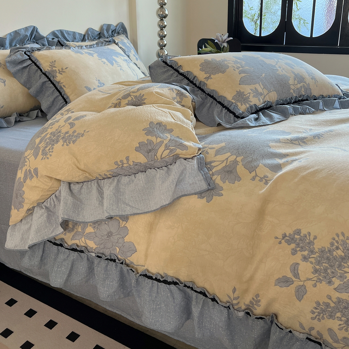 91家纺网 家纺一手货源 找家纺 喜颜 2025新款亚麻爆款花边四件套-直播热款 兰亭序-蓝