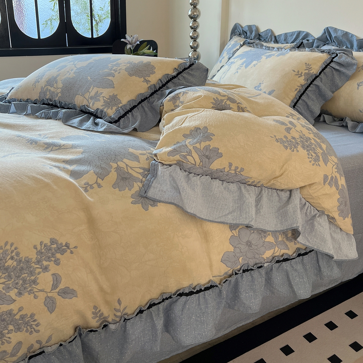 91家纺网 家纺一手货源 找家纺 喜颜 2025新款亚麻爆款花边四件套-直播热款 兰亭序-蓝