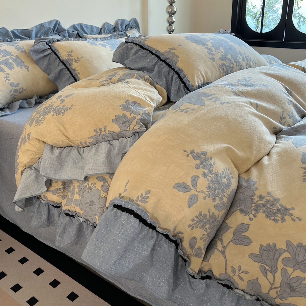 91家纺网 家纺一手货源 找家纺 喜颜 2025新款亚麻爆款花边四件套-直播热款 兰亭序-蓝