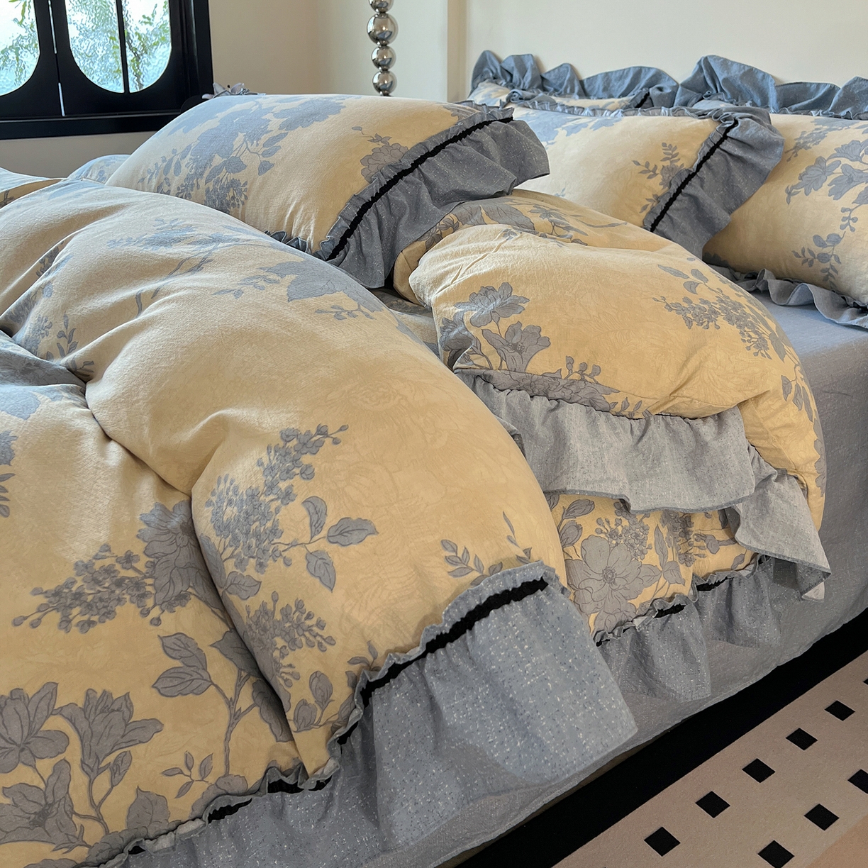 91家纺网 家纺一手货源 找家纺 喜颜 2025新款亚麻爆款花边四件套-直播热款 兰亭序-蓝