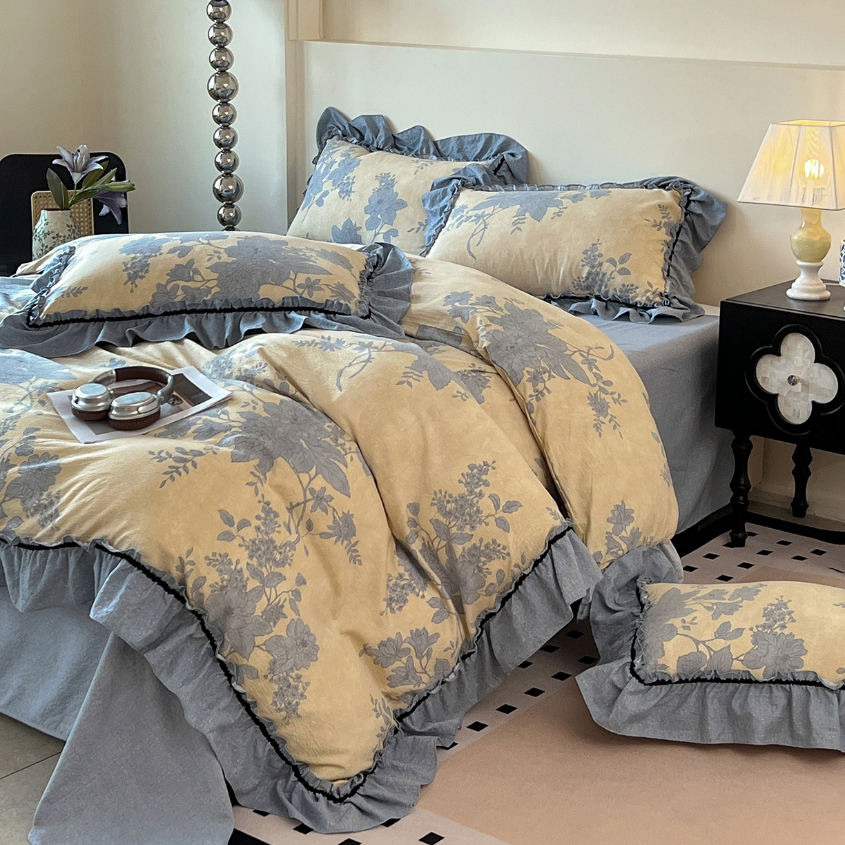 91家纺网 家纺一手货源 找家纺 喜颜 2025新款亚麻爆款花边四件套-直播热款 兰亭序-蓝