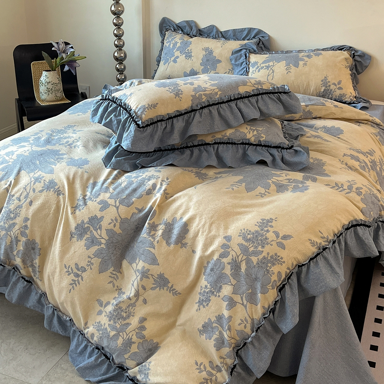 91家纺网 家纺一手货源 找家纺 喜颜 2025新款亚麻爆款花边四件套-直播热款 兰亭序-蓝