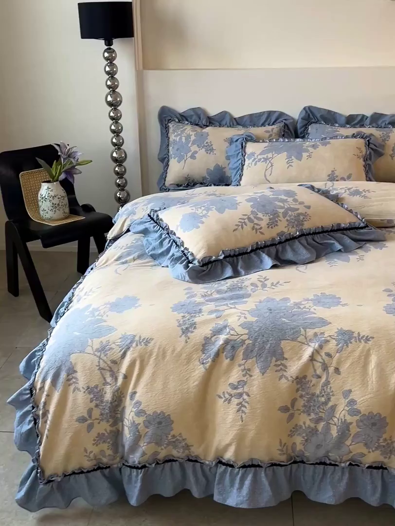 91家纺网 家纺一手货源 找家纺 喜颜 2025新款亚麻爆款花边四件套-直播热款 兰亭序-蓝