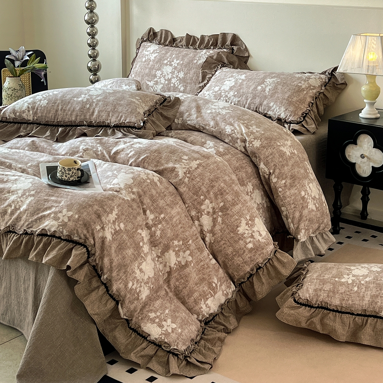 91家纺网 家纺一手货源 找家纺 喜颜 2025新款亚麻爆款花边四件套-直播热款 疏影