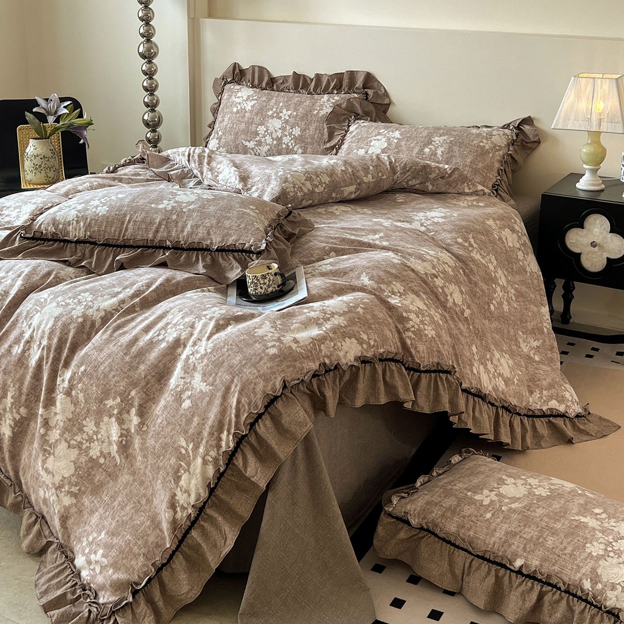 91家纺网 家纺一手货源 找家纺 喜颜 2025新款亚麻爆款花边四件套-直播热款 疏影