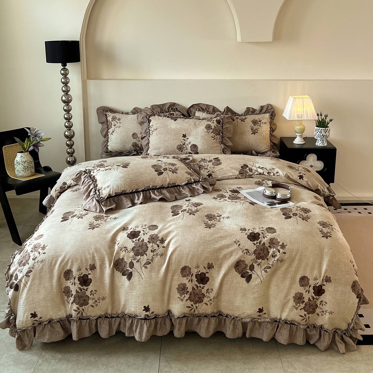 喜颜 2025新款亚麻爆款花边四件套-直播热款 望帝-咖