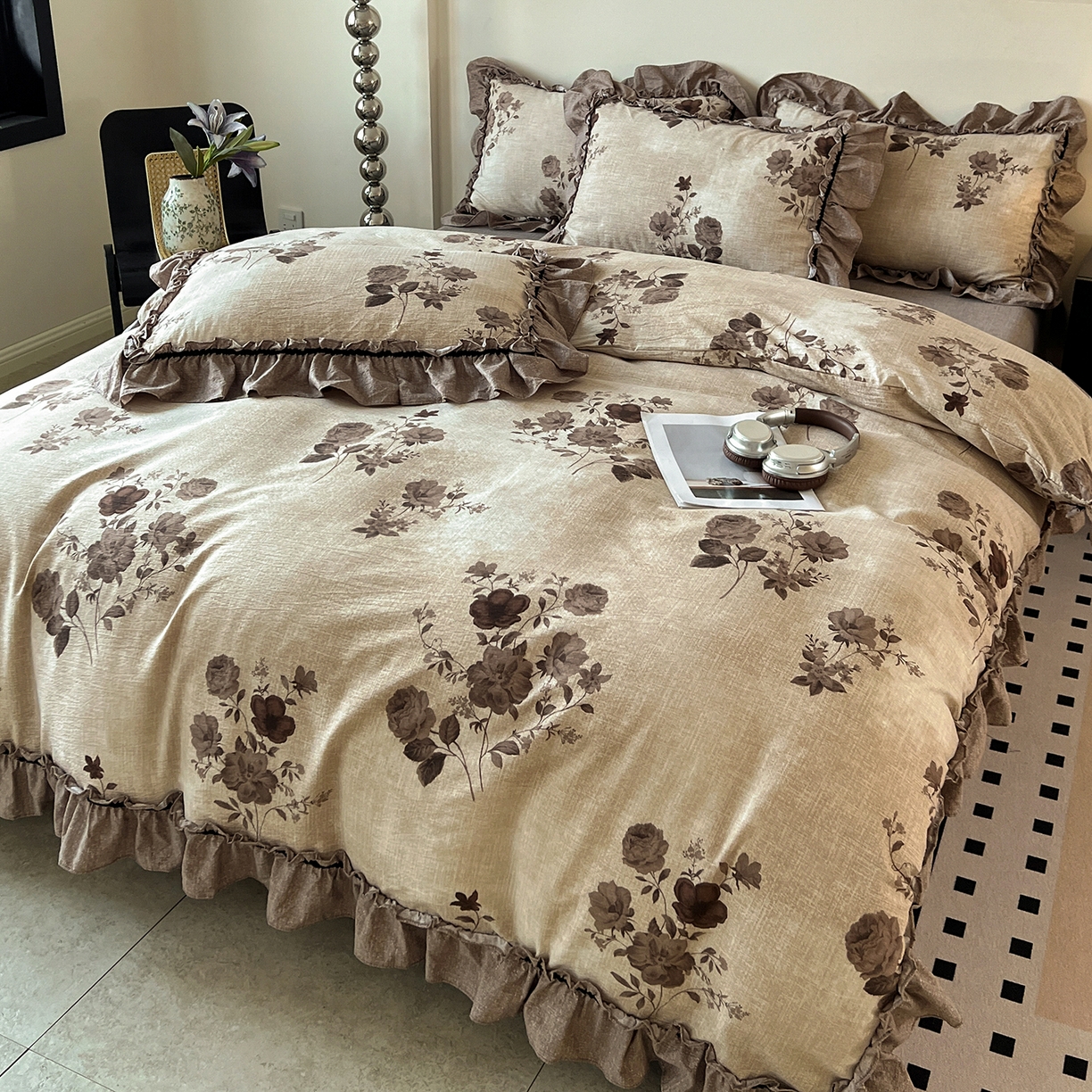 91家纺网 家纺一手货源 找家纺 喜颜 2025新款亚麻爆款花边四件套-直播热款 望帝-咖