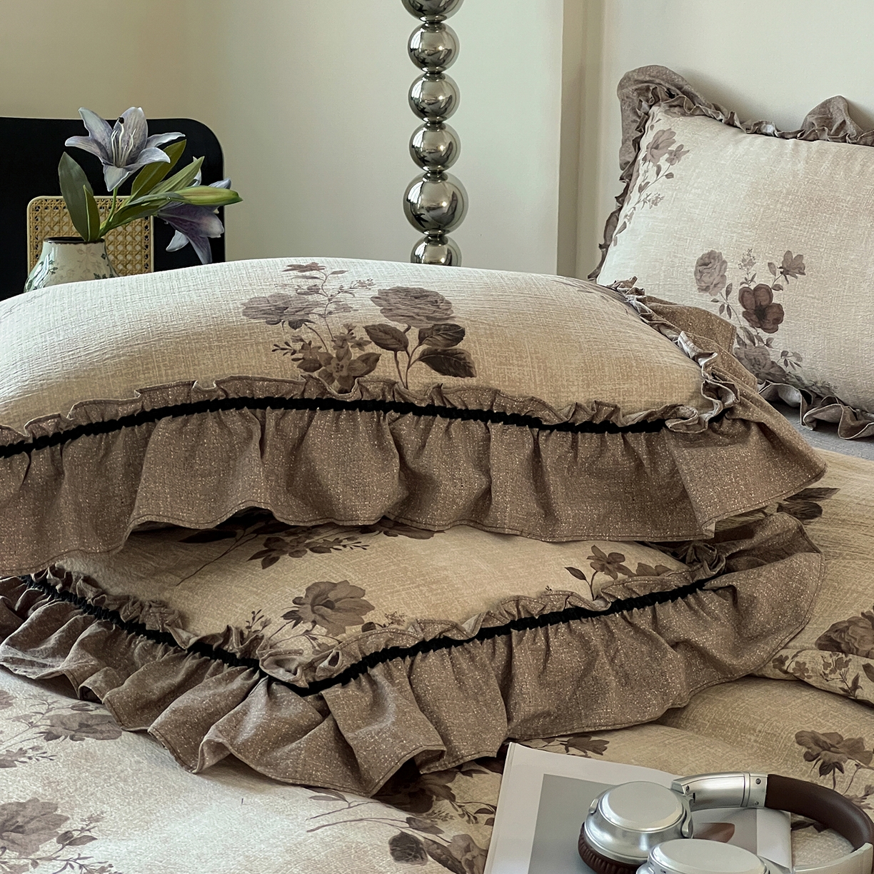 91家纺网 家纺一手货源 找家纺 喜颜 2025新款亚麻爆款花边四件套-直播热款 望帝-咖