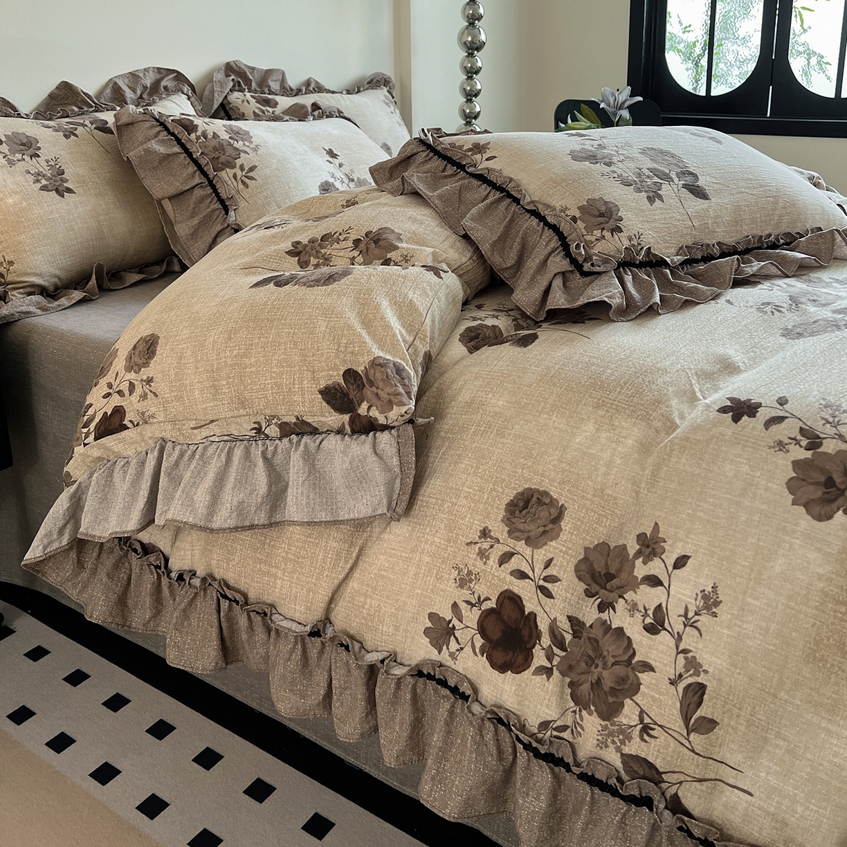 91家纺网 家纺一手货源 找家纺 喜颜 2025新款亚麻爆款花边四件套-直播热款 望帝-咖