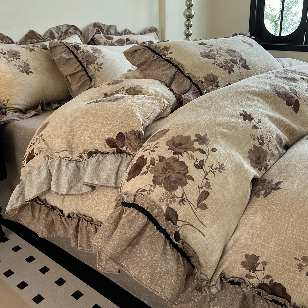 91家纺网 家纺一手货源 找家纺 喜颜 2025新款亚麻爆款花边四件套-直播热款 望帝-咖