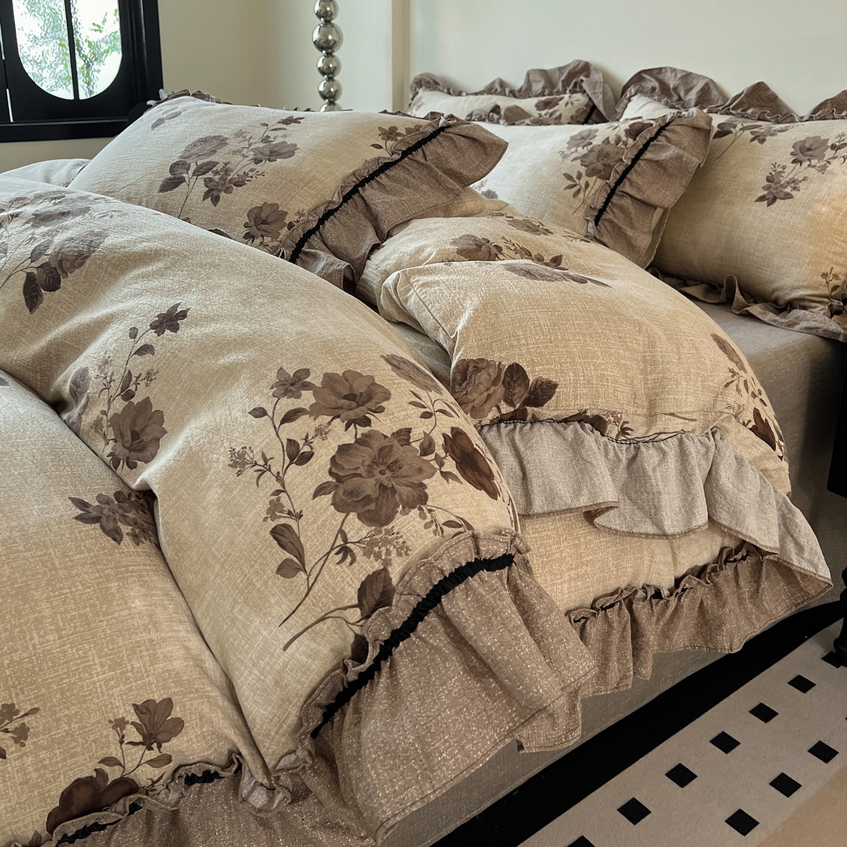 91家纺网 家纺一手货源 找家纺 喜颜 2025新款亚麻爆款花边四件套-直播热款 望帝-咖