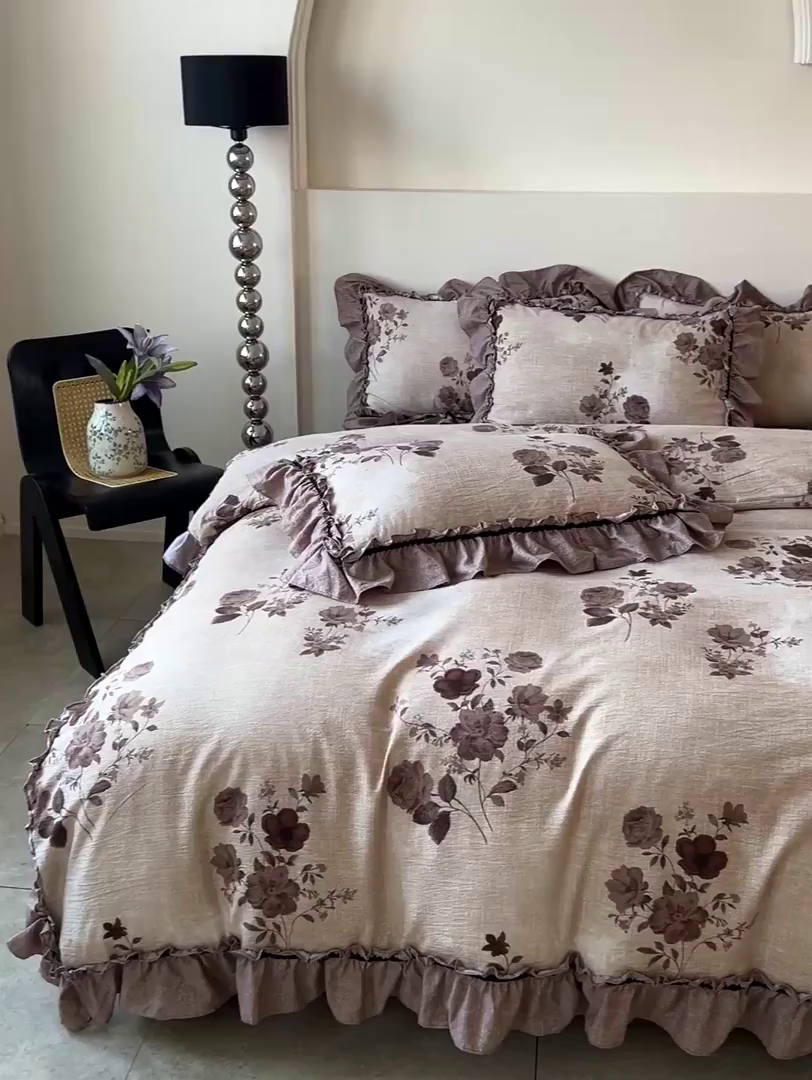 91家纺网 家纺一手货源 找家纺 喜颜 2025新款亚麻爆款花边四件套-直播热款 望帝-咖