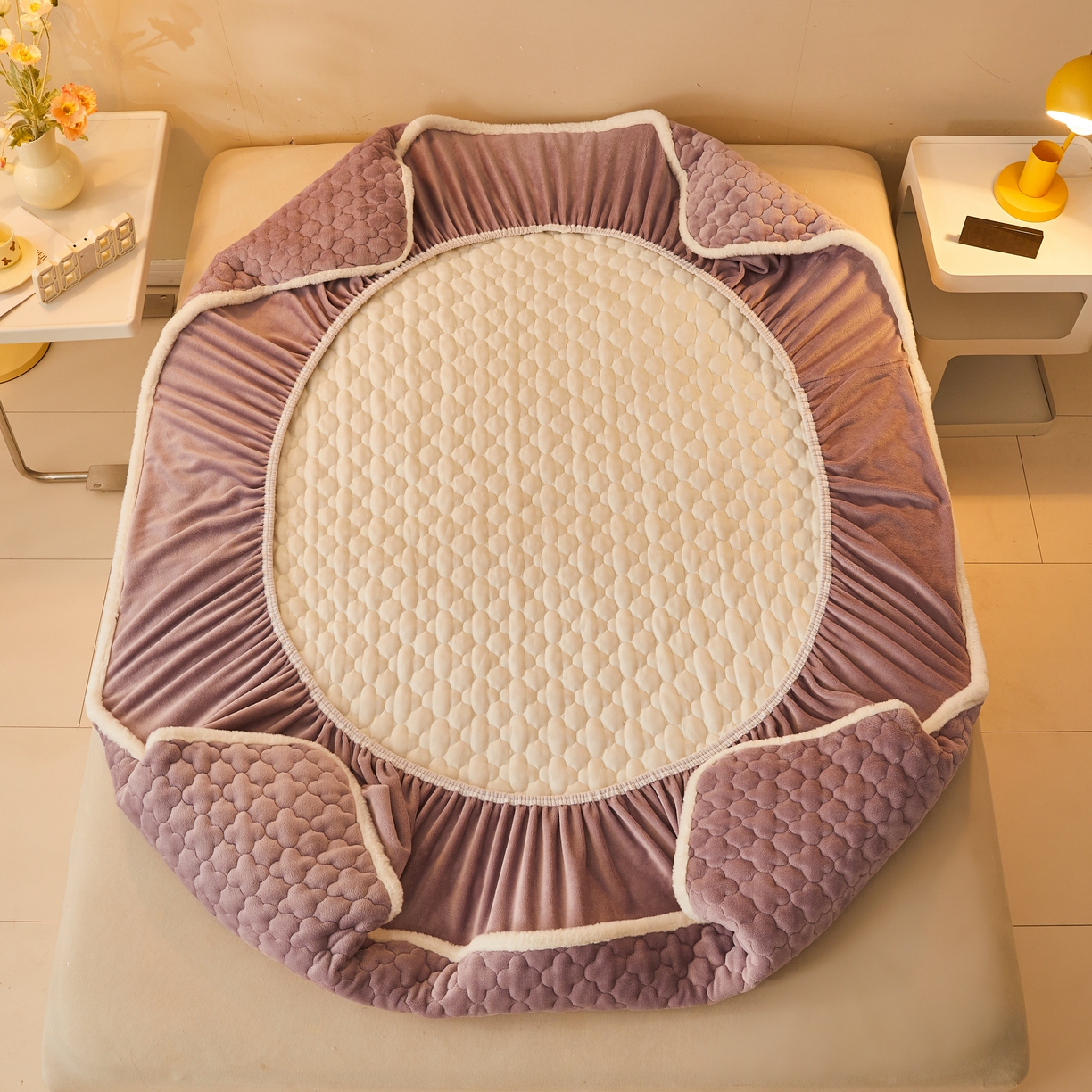 91家纺网 家纺一手货源 找家纺 喜居 2025新款素色贴布刺绣牛奶绒夹棉床笠 芋泥紫