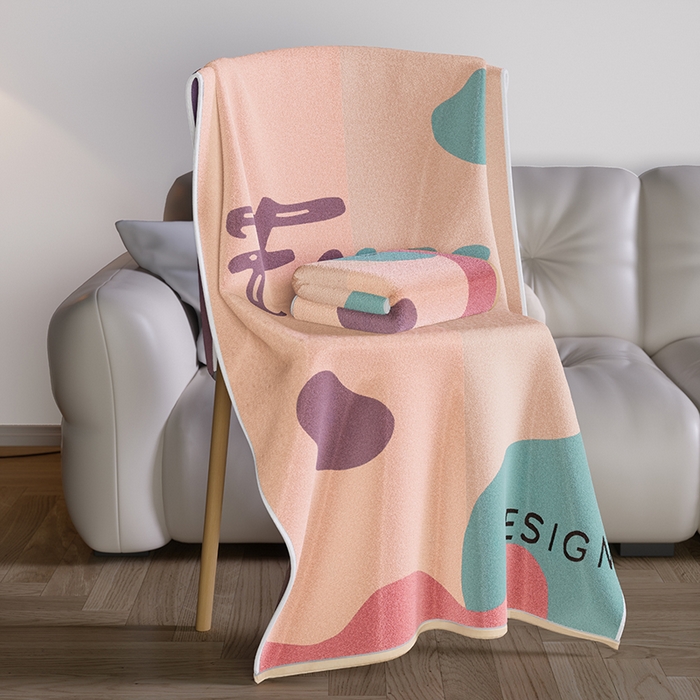 91家纺网 家纺一手货源 找家纺 悦然毛巾被 2025新款全棉色织提花毛圈浴巾 斑点粉 70x140cm